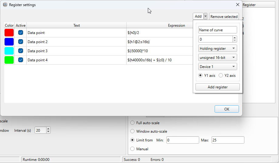 Register settings dialog