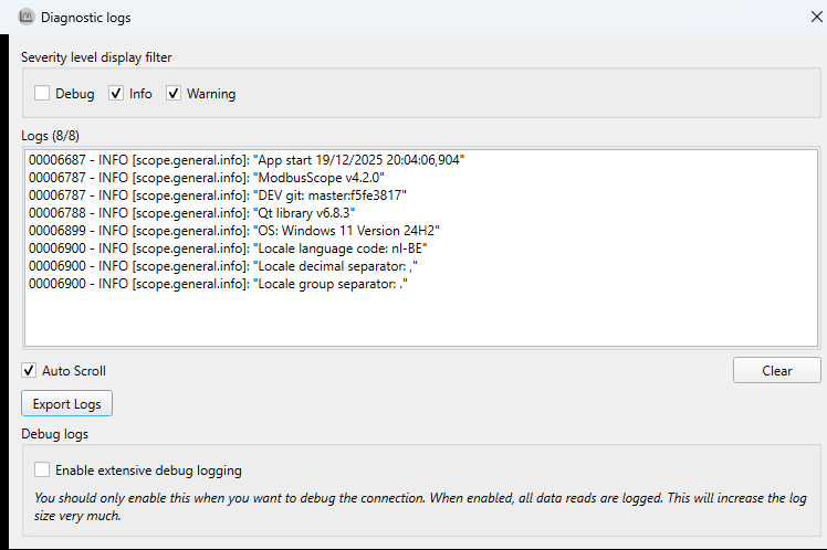 Diagnostic logs window