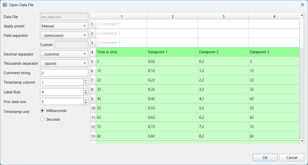 CSV import dialog